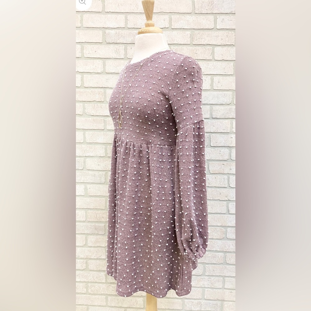 Dotted Balloon Sleeve Dress-Tan